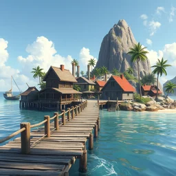 a little fisher village on a tropical island, wood pier and houses, bright day, matte painting by marc simonetti and rhads, trending on artstation