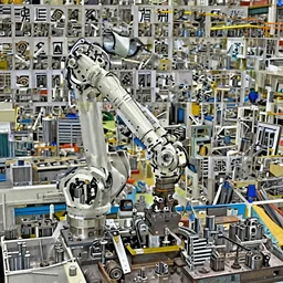 A large, robotic arm moving metal parts in a factory.