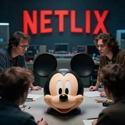 several people in workshop looking at the head of mickey mouse, netflix logo on the background, made by artgerm, greg rutkowski, highly detailed 8 k art, low light cinematic, 2 4 mm lens, | upper view | close distance |