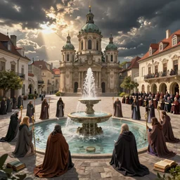 fountains in the town square of the baroque era, magical clerics, staffs, books, choir, hearthstone art style, epic fantasy style art by Craig Mullins, fantasy epic digital art, epic fantasy card game art by Greg Rutkowski