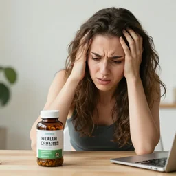 extremely beautiful instagram influencer, young woman, desperate to sell her health coaching to an audience, visibly frustrated, snake oil in a jar on a table