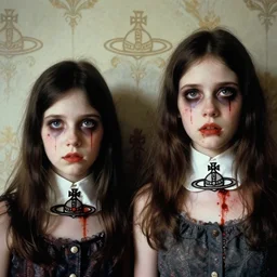 two beautiful but creepy siblings wearing vivienne westwood collars in layers of fear, with haunted eyes and dark hair, 1 9 7 0 s, seventies, wallpaper, a little blood, morning light showing injuries, delicate embellishments, painterly, offset printing technique, by brom, robert henri, walter popp