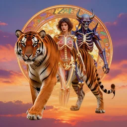 illusionary art tiger sunset psychedelic trippy gorgeous beautiful pretty girl in the sky by victo ngai hyperrealism alphonse mucha human anatomy structure skeleton demon tense psychedelic illusionary art