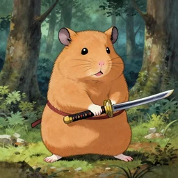 japanese hamster samurai. with katana. anime art. old painting. sacura forest