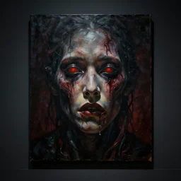 A dark room with a single painting of a face showing the horrors of the apocalypse, trending on arstation cgsociety, 8k, masterpiece, cinematic, concept art.