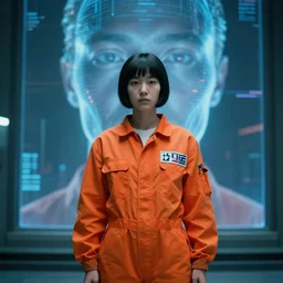 a still from the film bladerunner 2 0 4 9 depicting haruka abe wearing an orange prison jumpsuit. behind her a gigantic holographic face can be seen. sci fi, futuristic,