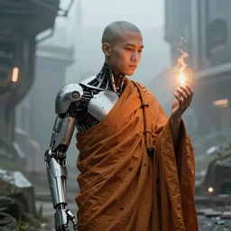 Half cyborg half monk discovering enlightenment in a futuristic 2300