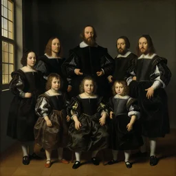 family portrait in the main room of the castle painted in 1 6 5 6, dark room, one point of light coming through the window inspired by las meninas, clear spaces between each subject and good detail and realistic eyes, faces for each person in the canva, inspired by diego velasquez baroque style