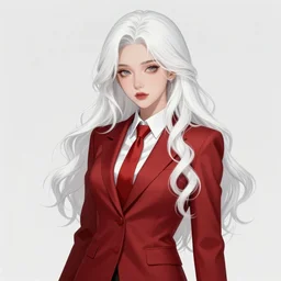 confident demon - girl with long wavy white hair, wearing a sharp suit, intricate, red white and black color scheme, illustration by krenz cushart, alphonse mucha, artgerm, trending on artstation