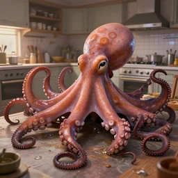 a kitchen full of big octopus, realistic, extremely detailed, sharp focus, wide view, smooth, digital illustration, intense colors, octane render, unreal engine 6, ray tracing, by james jean, by rossdraws, by frank franzzeta, by mcbess, by sakimichan, by brosmin, by danton fadeev, by steve simpson