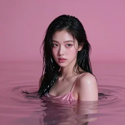 lee jin - eun emerging from pink water in cyberpunk theme by peter andrew jones, rule of thirds, seductive look, beautiful