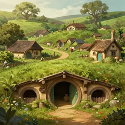 concept art of a beautiful hobbit - holes in a village, digital art, trending on artstation