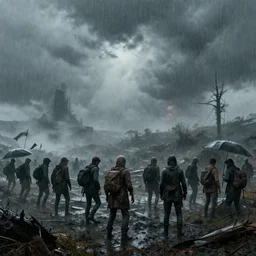 an apocalypse landscape filled with survivors the weather is rainy and foggy by greg rutkowski