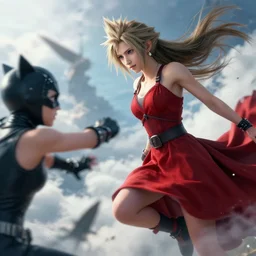 epic scene of ( most gorgeous final fantasy 7 character hyper detail in amazing detail red dress, beautiful hyper detail face, detail ) ( fighting ) ( catwoman in a black tank top, detailed face ), hyper realistic 3 d render, art station, particles, epic scene, alphonso mucha, clouds, jump pose, blur focus, action,
