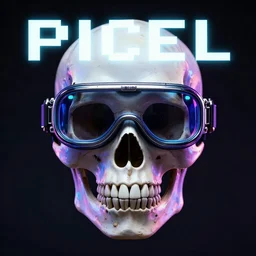 a skull face with goggles in a cyberpunk aesthetic with the word pixel written above