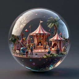 ultra realist octane render of a floating transparent glass sphere filled with a dark curiosities carnival scene made by Tom Bagshaw, reflection and refraction, symmetry accurate features, very intricate details, artstation