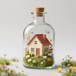 A house in a field full of miniature flowers inside a bottle, conceptual art, photo realistic, photo studio