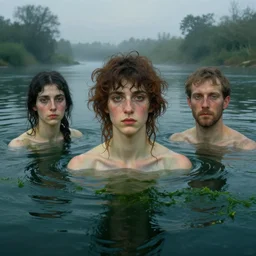 hyperrealist portrait in a river, half body, dark green water, wet algae, by alphonse mucha and lucian freud and bouguereau, foggy twilight lighting, very detailed faces