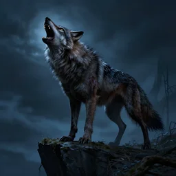 a demonic werewolf howling in a cliff at night, scary, eerie, artstation, digital art,