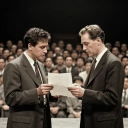 in 1 9 4 5, two men were in front of many people reading a text on a piece of paper on stage, realism, fine art, trending on artstation.