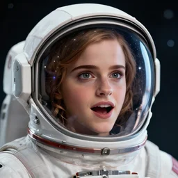 excited emma watson's face inside astronaut's helmet, reflecting stars, high detail, smooth, sharp focus, cgsociety, artstation, illustration, unreal engine, 8 k, 4 k