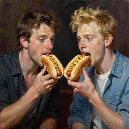 portrait of brett michaels and criss angel sharing hotdogs, an oil painting by ross tran and thomas kincade
