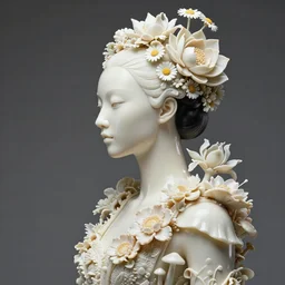 beautiful asian woman portrait with a smooth carved porcelain ivory profile face, futuristic haute couture dress draped in flowers and mushroom, iris van herpin, headdress with daisies and lotus, hyper detailed, ultra sharp, 8 k