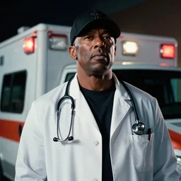 dramatic award winning photo dr. dre wearing a stethoscope, lab coat, black baseball cap, in front of an ambulance outside of a hospital, low angle shot, cinematic lighting