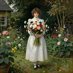 Richard Schmid and caravaggio full length portrait painting of a young beautiful edwardian girl hold a large bouquet of flowers standing in a cottage garden