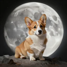 a corgi puppy on the moon, detailed digital painting, beautiful, melancholic