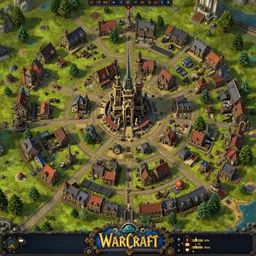 warcraft like map of steampunk small town, hyper detailed, intrincated, vivid color scheme, sharp focus, clear image, no logo, hyper realistic