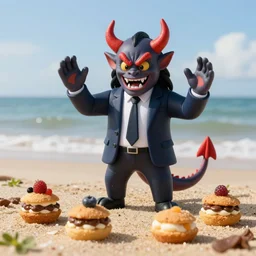 4 5 mm 1 9 8 7 cookbook food photography of an corporate mascot at a beach summoning a demon, photography by tyler mitchell johfra bosschart