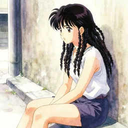 girl sitting in street. against wall. dark hair, dreadlocks. look left. anime, watercolor, akira toriyama, masterpiece, artgem