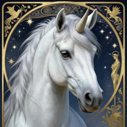 close up portrait, unicorn with pale silver mane, stars and night background, ornate alphonse mucha, rhads, ross tran, artstation, artgerm, octane render, 1 6 k