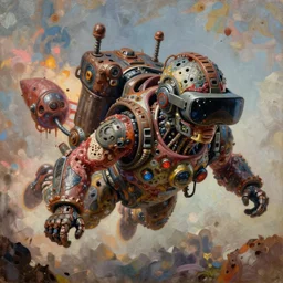 junky jetpack flying, cybertronic gadgets and vr helmet, flesh + technology, durty colours, long shot, rotten textures, rusty shapes, biotechnology, norman rockwell, tim hildebrandt, dariusz zawadzki, bruce pennington, larry elmore, hyperrealistic oil painting on wood, deep depth field, masterpiece, cinematic composition, hyper - detailed, hd, hdr