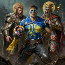 ukranian superhero punch russian zombie, saint, intricate, highly detailed, my rendition, digital painting, artstation, concept art, sharp focus, illustration, art by artgerm and greg rutkowski and alphonse mucha, 8 k ultra realistic, lens flare, atmosphere, glow, detailed, intricate, full of colour, led lighting, 4 k, hyperrealistic, focused, extreme details, unreal engine 5, masterpiece