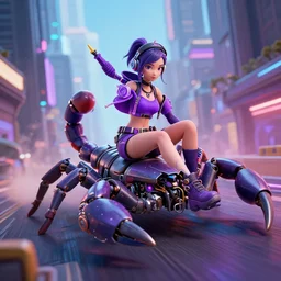 cyberpunk girl in purple outfit riding a robot scorpion creature through the city, 3D, OctaneRender, Vray