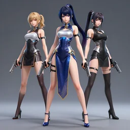 fullbody els 3 d anime woman wearing sexy futuristic cyber qipao pigeon - toed. dual wielding pistols, long ponytail and sidelocks
