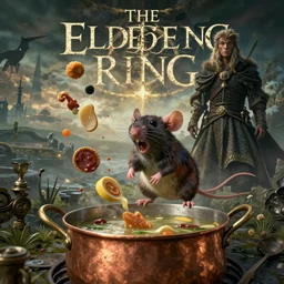 beautiful cinematic fantasy poster the rat from ratatouille dramatically tossing food into a copper pot of soup, wideshot ultrawide angle epic scale, hybrid from The Elden Ring and art direction by Darius Zawadzki ;by artgerm; wayne reynolds art station; cinematic quality character render; low angle; ultra high quality model; production quality cinema model;