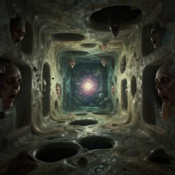 noisy color photograph of a liminal space, floating liquid, stretching to walls, horror, dark pits, supernova inside facility, scared faces emerging from darkness, hallways, abstract 3d render, oddly familiar, cinematic, dramatic lighting, intricate detail, soft vintage glow