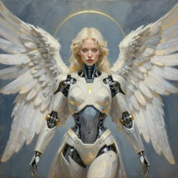 a beautiful painting a portrait of cyborg angel, symetrical scene, symetric character, single character, ultra realistic, golden ratio, trending in artstation, octane render, 8 k, by peter mohrbacher, zaha hadi