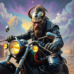 cinematic action shot of an apocalyptic scifi orcish biker character riding a motorcycle, psychedelic vibrant colors, highly detailed oil painting by michael whelan art, futuristic punk rock fashion, perfect face, sharp focus, detailed eyes, realistic, studded leather jacket, 8 k cover art
