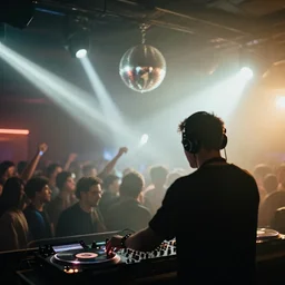 a award winning photograph of a dj on stage spinning records with headphones looking over crowd dancing at a club, haze, moving heads light beams, spot lights, disco ball, silhouette