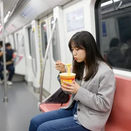 girl sitting on a subway train eating cup noodles, the interior of the train is decorated like a teenager's room, galaxies are seen from the train window, anime, digital art, still film