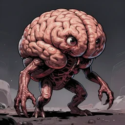 a creature who's entire body is a giant brain, with two dead eyes, it walks on little stumpy limbs, it has a piercing gaze, comic book illustration, creeping horrible monster
