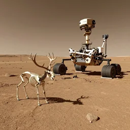 An image taken from the surface of Mars showing a skeleton of a deer, 4k, Curiosity Rover,