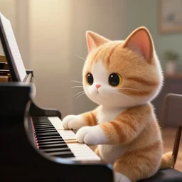 cute cartoon cat playing the piano, style of moebius, james jean, mcbess, cinematic, highly detailed, award winning, 8 k photorealistic