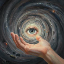 zoomed out hand!!! with and eye in the center, floating in a spiraling abyss, scifi, liminal space, painted by pedro correa, cory loftis, james gilleard, atey ghailan, makoto shinkai, goro fujita, studio ghibli