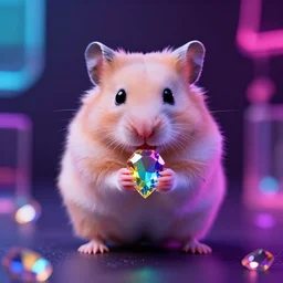 cyberpunk hamster holding rainbow gem! crystal, neon lights, light reflection, 8 k, hd