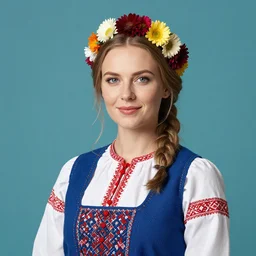 a portrait of beautiful nordic woman wearing a folkdrakt dress, summers flowers headband on her head, against a teal blue background